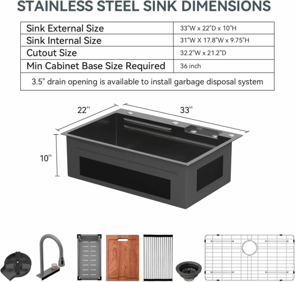 33 Drop Kitchen Sink with Faucet Combo 33"X22" Waterfall Kitchen Sink Workstation Gunmetal Black 16 Gauge Single Bowl Topmount Handmade Sinks with Pull Out Faucet, Glass Rinser Included - Image 9