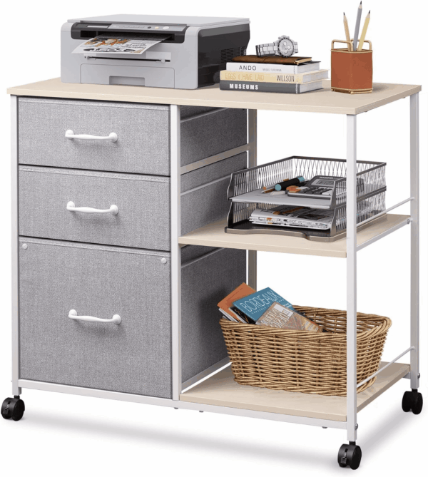 3 Drawer Mobile File Cabinet, Rolling Printer Stand with Open Storage Shelf, Fabric Lateral Filing Cabinet Fits A4 or Letter Size for Home Office, Light Grey