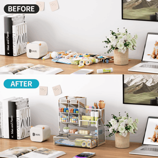 Mesh Pen Holder for Desk, Pen Organizer with Drawer, Multi-Functional Pencil Organizer, Desk Organizers and Accessories for Office Art Supplies (Silver) - Image 3