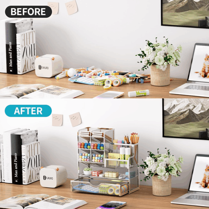 Mesh Pen Holder for Desk, Pen Organizer with Drawer, Multi-Functional Pencil Organizer, Desk Organizers and Accessories for Office Art Supplies (Silver) - Image 3