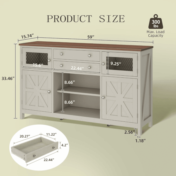 Farmhouse TV Stand for Tvs up to 65", Entertainment Center with 2 Large Drawers & Visual Grid Door, 59" Rustic TV Media Console for Living Room, Antique White - Image 4