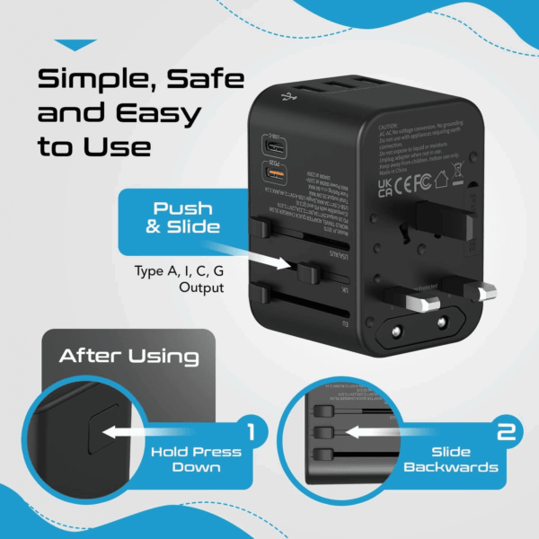 World International Travel Plug Adapter - Powerful 33.5W with Pd & QC 3.0 Dual USB-C Power - 3 USB Ports Wall Charger Type I C G a Outlets 110V 220V A/C - EU Euro US UK (11-KU) - Image 5