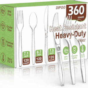360 Count Plastic Silver Ware Heavy Duty, 120 Forks, 120 Spoons, 120 Knives, Heat Resistant & BPA Free Disposable Silverware, Disposable Cutlery Set, Premium Clear Utencils for Party Supply