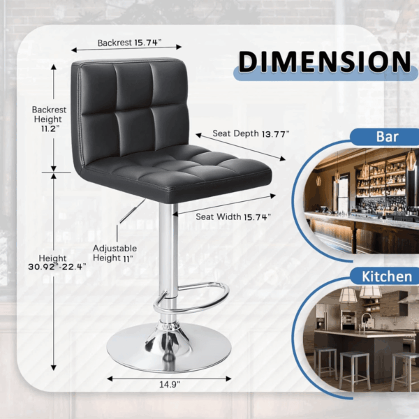 Bar Stools Modern PU Leather Adjustable Swivel Barstools, Armless Hydraulic Kitchen Counter Bar Stool Extra Height Square Island Barstool with Back Set of 2 (Leather, Black) - Image 3