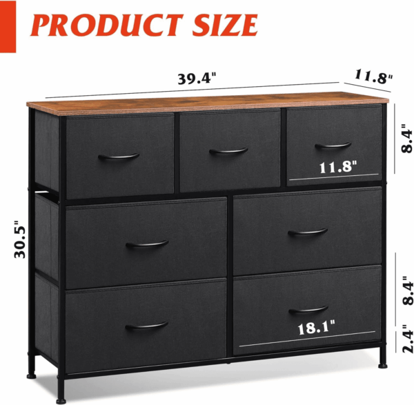7 Drawer Dresser TV Stand, Entertainment Center, Media Console Table with Metal Frame and Wood Top for TV up to 45 Inch, Chest of Drawers for Bedroom, Living Room, Black and Rustic Brown - Image 3