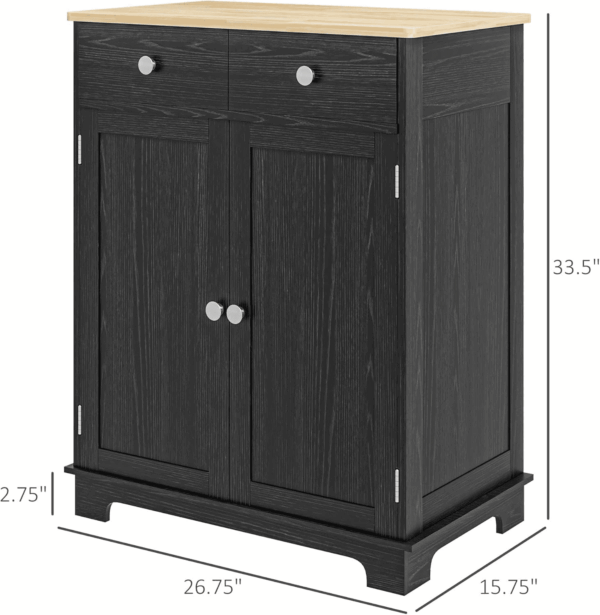 Sideboard with Solid Wood Countertop, Modern Kitchen Storage Cabinet, Coffee Bar Cabinet with 2 Drawers, Doors and Adjustable Shelf, Distressed Black - Image 3