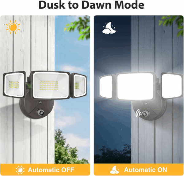 60W LED Dusk to Dawn Outdoor Lighting, 6000LM Exterior Flood Light, IP65 Waterproof Outdoor 3 Adjustable Heads Photocell Security Lights Fixture, 6500K Floodlights for Garage, Patio, Yard - Image 9