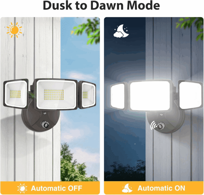 60W LED Dusk to Dawn Outdoor Lighting, 6000LM Exterior Flood Light, IP65 Waterproof Outdoor 3 Adjustable Heads Photocell Security Lights Fixture, 6500K Floodlights for Garage, Patio, Yard - Image 9