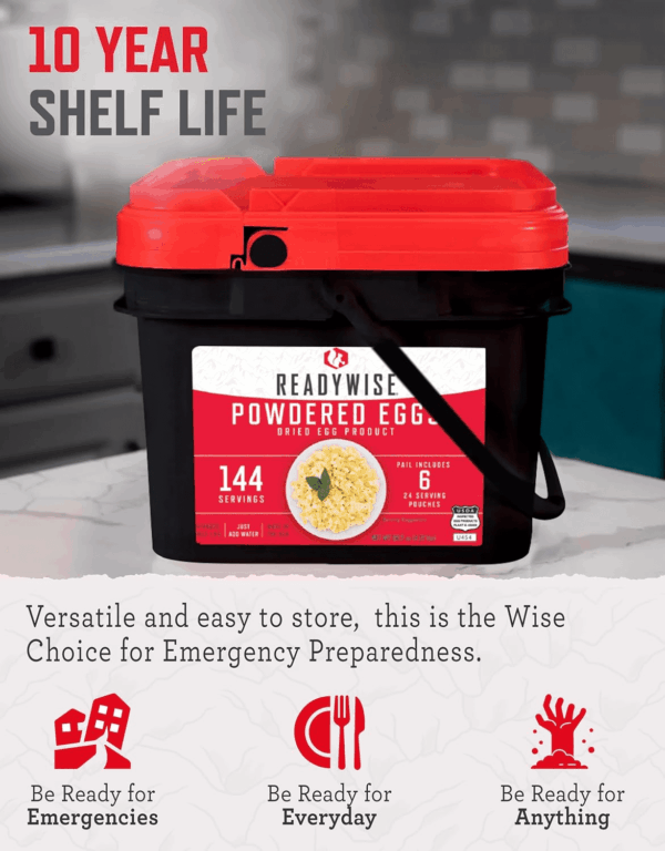 - Powdered Eggs Bucket, 144 Servings, Emergency, MRE Food Supply, Premade, Freeze Dried Survival Food for Hiking, Adventure & Camping Essentials, Individually Packaged, 25 Year Shelf Life - Image 3