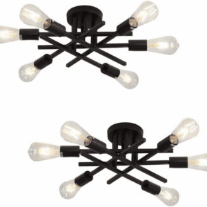 6-Lights Semi Flush Mount Ceiling Light Fixture 2-Pack Black Vintage Matte Sputnik Chandelier Ceiling Lamp for Farmhouse Dining Room Living Room Bedroom Kitchen Entryway
