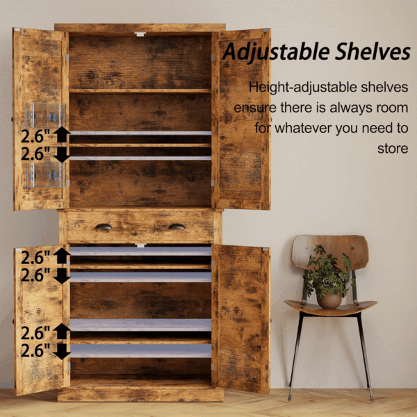 Kitchen Pantry Storage Cabinet 72.6" H, with Barn Doors, Drawer, 4 Adjustable Shelves, Freestanding Cupboard for Dining Room Living Room, Laundry, Vintage Brown - Image 4