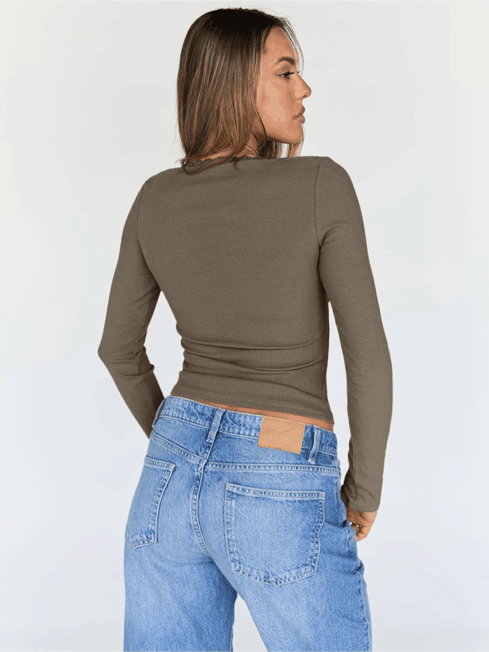 Womens Long Sleeve Shirts Crop Square Neck Ribbed Tops Basic Slim Fit Y2K Fall Winter Clothes Outfits 2025 - Image 4