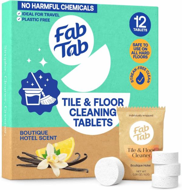 Fabtab Eco-Conscious Hard Floor Cleaner Tablets -12 Non-Harmful Pre-Measured Tablets. Convenient, Plastic-Free, Streak-Free Clean, Boutique Hotel Scent. Use with All Mop Buckets