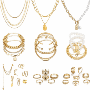 36 PC Gold Plated Jewelry Set with 4 Necklace, 11 Bracelet, 7 Ear Cuffs Earring, 14 Knuckle Rings for Women Girls Valentine Anniversary Birthday Friendship Gift