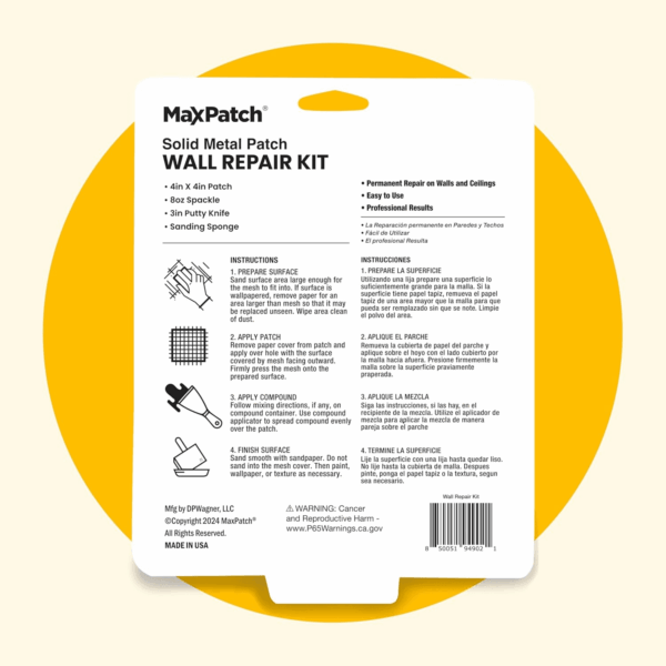 Maxpatch Drywall Repair Kit - Includes 8 Oz Spackling Compound, 4"X 4" Adhesive Metal Patch, Spackling Knife, Sanding Pad - All-In-One Solution for Wall and Ceiling Repairs - Image 6