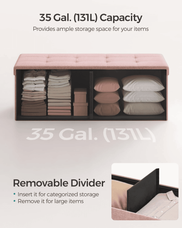 MAZIE Collection - 43 Inches Folding Storage Ottoman Bench, Ottoman Foot Rest, End of Bed Bench, Storage Chest, Load 660 Lb, for Living Room, Bedroom, Entryway, Jelly Pink ULSF077R11 - Image 4