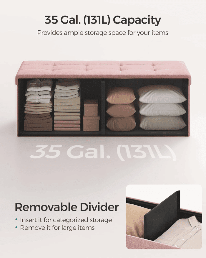 MAZIE Collection - 43 Inches Folding Storage Ottoman Bench, Ottoman Foot Rest, End of Bed Bench, Storage Chest, Load 660 Lb, for Living Room, Bedroom, Entryway, Jelly Pink ULSF077R11 - Image 4