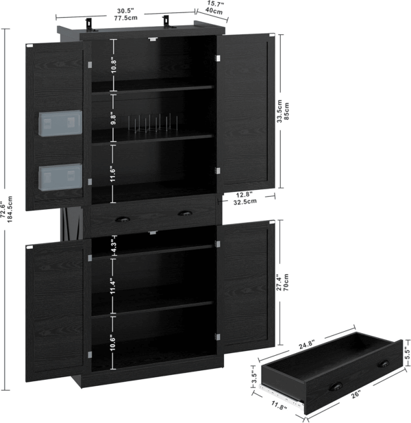 Kitchen Pantry Storage Cabinet 72.6" H, with Barn Doors, Drawer, 4 Adjustable Shelves, Freestanding Cupboard for Dining Room Living Room, Laundry, Black - Image 3