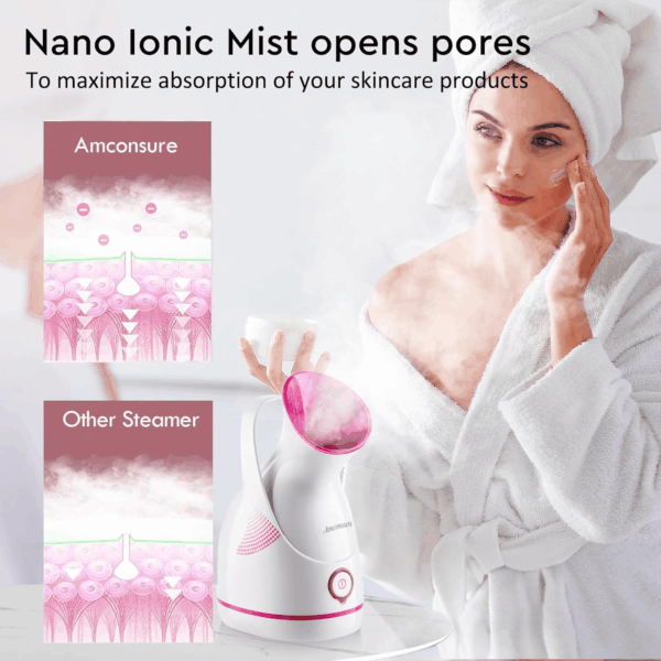 Facial Steamer - Nano Ionic Face Steamer Warm Mist Steamer for Home Sauna SPA, Humidifier for Face Steamer for Deep Cleaning Unclogs Pores Sinuses - Bonus 5 Piece Stainless Steel Skin Kit - Image 3