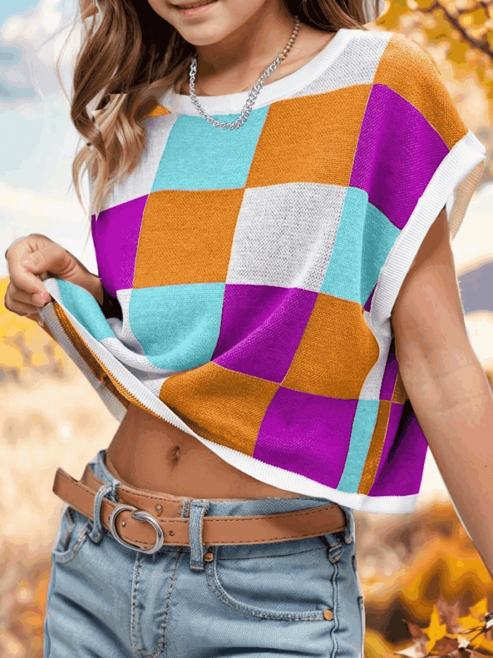 Girls Summer Crop Tops Spring Vest Cute Tanks Cap Sleeve Colorblock Tee Loose Kids Fall Knit Top - Image 4