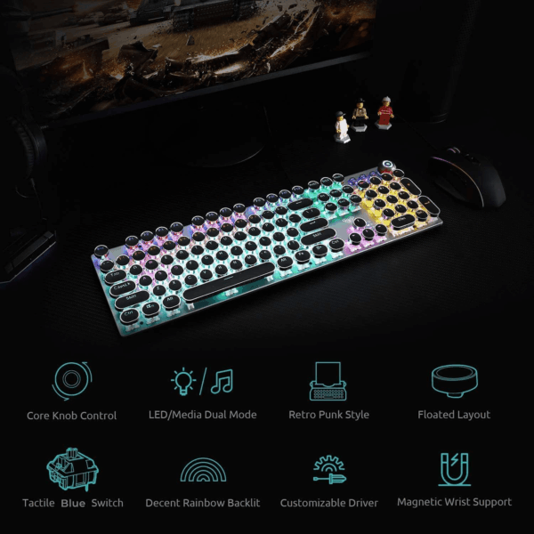 F2088 Typewriter Style Mechanical Gaming Keyboard Blue Switches,Rainbow LED Backlit,Removable Wrist Rest,Media Control Knob,Retro Punk round Keycaps,Usb Wired Computer Keyboard - Image 8