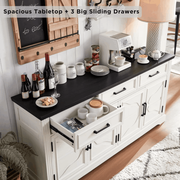 66" Large Buffet Sideboard Cabinet with 4 Doors and 3 Drawers, Buffet Table Coffee Bar Wine Bar Storage Cabinet for Dining Room, Living Room (Off White) - Image 3
