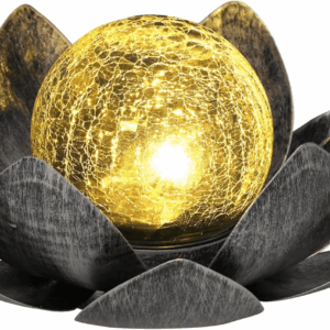 Solar Light Outdoor Garden Decor, Lotus Flower Light Crackle Globe Glass Lantern Outdoor Table Decor Waterproof for Patio, Lawn, Pathway, Pool, Pond (Grey Petal)