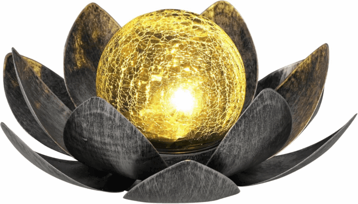 Solar Light Outdoor Garden Decor, Lotus Flower Light Crackle Globe Glass Lantern Outdoor Table Decor Waterproof for Patio, Lawn, Pathway, Pool, Pond (Grey Petal)