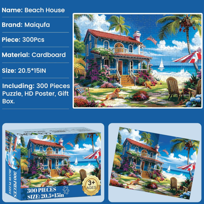 300 Pieces Puzzle for Adults | Beach House Puzzle | Recycled Cardboard Large Piece Jigsaw Puzzles 300 Pieces | Challenging Game Home Decor Birthday Party Gift Toy for Adults Kids Seniors 20.5*15 Inch - Image 6