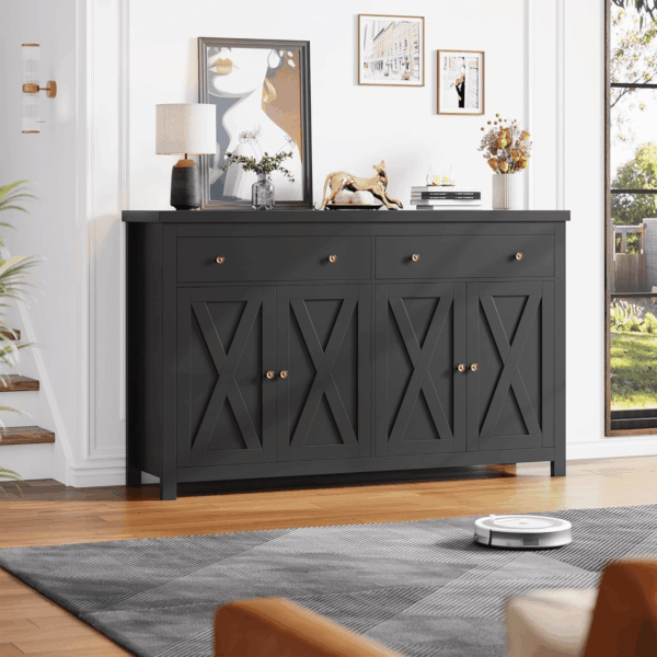 Sideboard Buffet Cabinet with Storage, 55" Large Kitchen Storage Cabinet with 2 Drawers and 4 Doors, Wood Coffee Bar Buffet Table for Kitchen Dining Room, Black - Image 4
