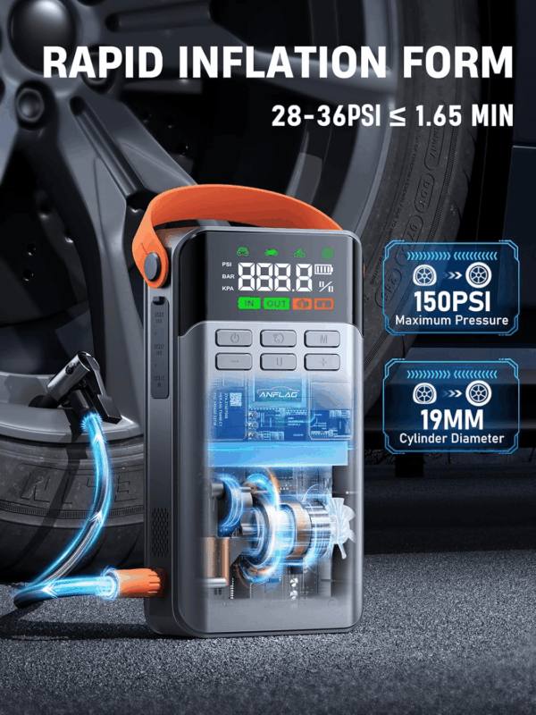 8-In-1 Car Battery Jump Starter with Air Compressor,5500A Portable Jump Starter Pack with 150PSI Tire Inflator, 12V Safe Lithium Jump Box with LCD Display,Flashlight(Up All Gas/12.0L Diesel) - Image 3