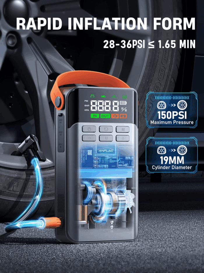 8-In-1 Car Battery Jump Starter with Air Compressor,5500A Portable Jump Starter Pack with 150PSI Tire Inflator, 12V Safe Lithium Jump Box with LCD Display,Flashlight(Up All Gas/12.0L Diesel) - Image 3