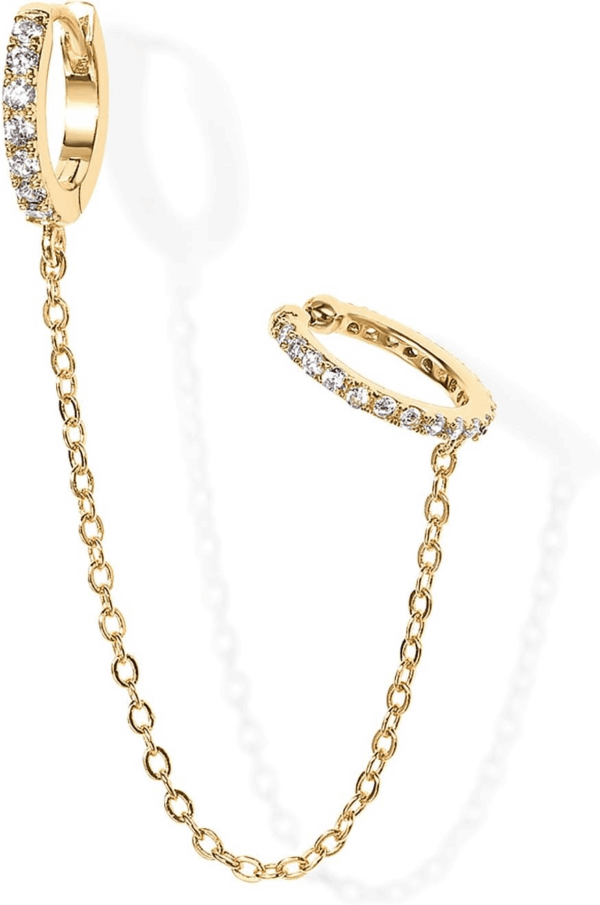 14K Gold Chain Earrings for Women | Double Piercing Dangle Chain Huggie Hoop Earrings | Cubic Zirconia Pearl Stud Ear Cuff Earrings for Women