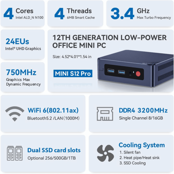 Mini S12 Pro Mini PC - 12Th Gen Intel N100 (Up to 3.4Ghz), 16GB DDR4, 500GB SSD, 4K Dual Display, Wifi 6, BT 5.2, 1000Mbps LAN - Low Power Mini Desktop Computer - Image 6