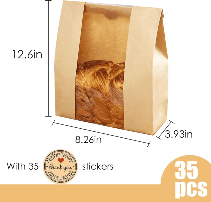 Pack of 35 Paper Bread Bags for Homemade Bread, Paper Bakery Bag for Baked Food Packaging Storage, Large Kraft Paper Bread Loaf Bag with Window Label Seal Sticker Included Pack of 35,12.5X8.3X4 Inches - Image 2