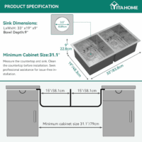 Kitchen Sink 33" X 19" X 10" Undermount 304 Stainless Steel 50/50 Double Bowl with Accessories 16 Gauge for Workstation, Prep Kitchen, Bar - Image 2