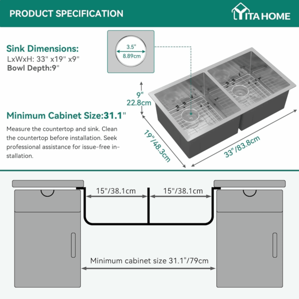 Kitchen Sink 33" X 19" X 10" Undermount 304 Stainless Steel 50/50 Double Bowl with Accessories 16 Gauge for Workstation, Prep Kitchen, Bar - Image 2