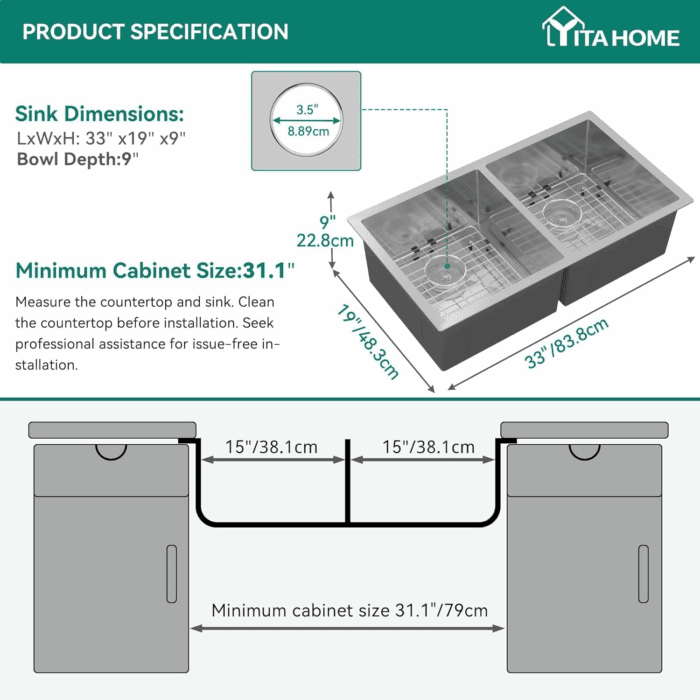 Kitchen Sink 33" X 19" X 10" Undermount 304 Stainless Steel 50/50 Double Bowl with Accessories 16 Gauge for Workstation, Prep Kitchen, Bar - Image 2