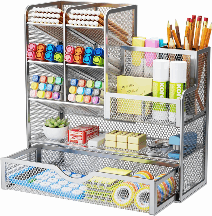 Mesh Pen Holder for Desk, Pen Organizer with Drawer, Multi-Functional Pencil Organizer, Desk Organizers and Accessories for Office Art Supplies (Silver)