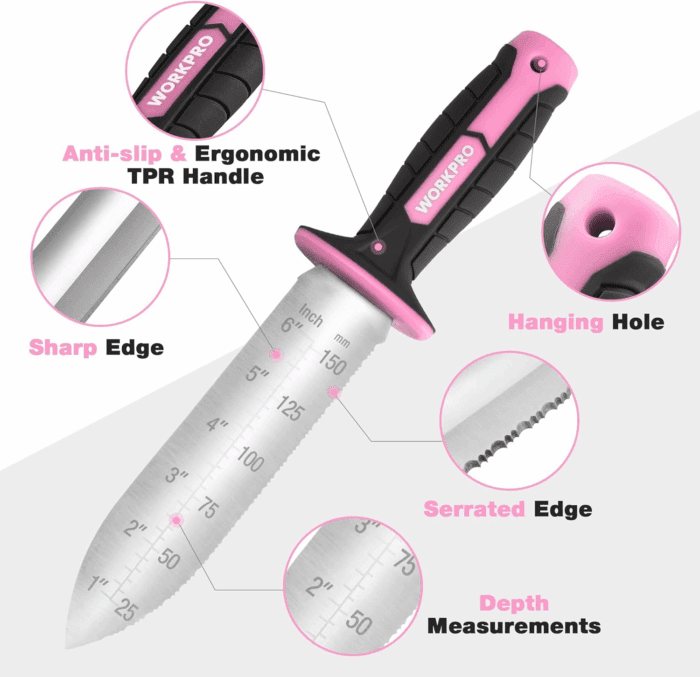Hori Hori Garden Knife, 7" Stainless Steel Blade with Cutting Edge, Garden Tools with Oxford Sheath, Ergonomic TRP Handle with Hanging Hole for Weeding, Planting, Digging, Pink - Image 4
