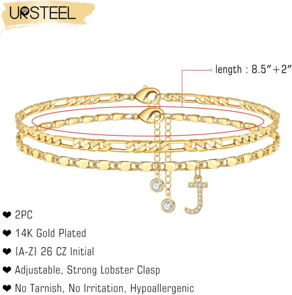 Ankle Bracelets for Women, 14K Gold Plated Dainty Layered Chain CZ Initial Anklets Set Summer Jewelry Gifts for Women - Image 2