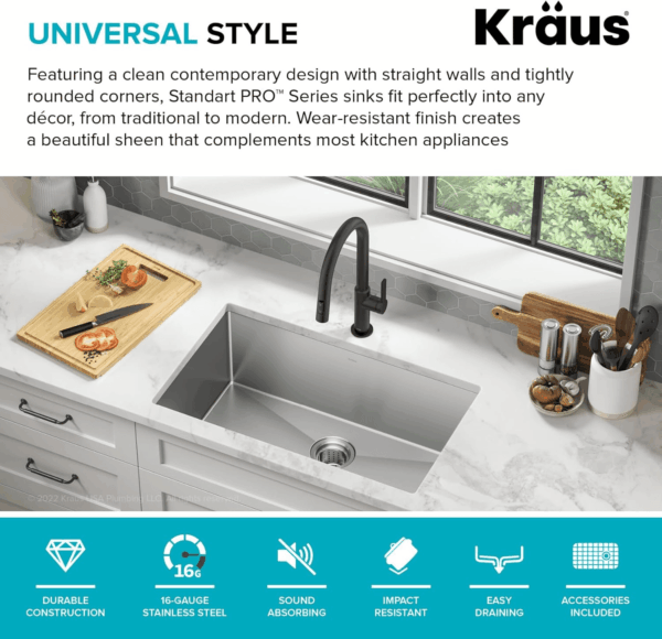 Standart Pro 30 -Inch Undermount Single Bowl 16 Gauge Stainless Steel Kitchen Sink, KHU100-30 - Image 3