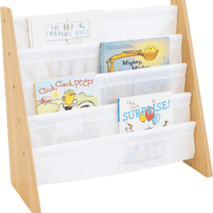 4-Tier Kids Bookshelf, Natural Wood/White - Premium Book Shelf for Kids Rooms with Four Deep Pockets - Toddler Sling Book Rack with Deep Sleeves, Nursery Bookcase Organizer