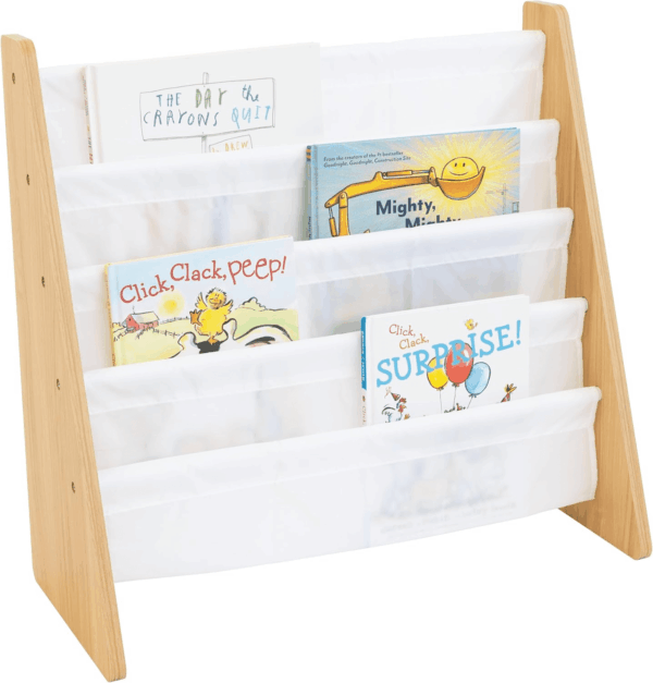4-Tier Kids Bookshelf, Natural Wood/White - Premium Book Shelf for Kids Rooms with Four Deep Pockets - Toddler Sling Book Rack with Deep Sleeves, Nursery Bookcase Organizer