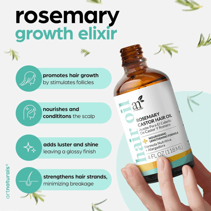 Organic Rosemary & Castor Hair Growth Oil + Scalp Massager Set – Hair Styling Oils for Dry, Itchy Scalp, Thickening & Hydration - Scalp Oil Products for Damaged Hair & Split Ends – 4.0 Oz - Image 3