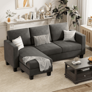 Convertible Sectional Sofa Couch, 3 Seat L-Shaped Sofa with Linen Fabric Ottoman Small Couch for Small Apartments, Living Room and Office (Linen Fabric, Dark Gray)