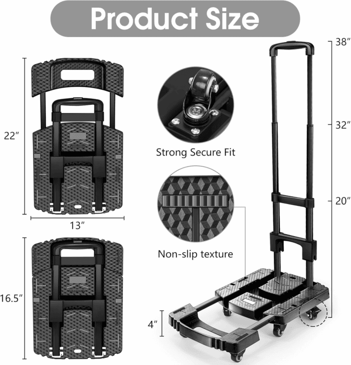Folding Hand Truck, Portable Heavy Duty Dolly, 6 Wheels Collapsible Luggage Cart with 2 Elastic Ropes - Compact Trolley for Easy Moving - Ideal Hand Cart for Travel and More - Image 3