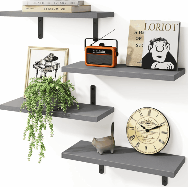 Grey Floating Shelves for Wall, 4 Sets Wood Shelves Farmhouse Wall Shelf Wall Mounted Floating Shelves for Bedroom Decor, Bathroom Storage, Book Shelf for Wall - Grey