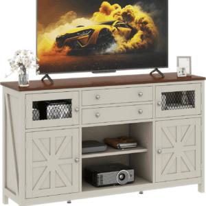 Farmhouse TV Stand for Tvs up to 65", Entertainment Center with 2 Large Drawers & Visual Grid Door, 59" Rustic TV Media Console for Living Room, Antique White