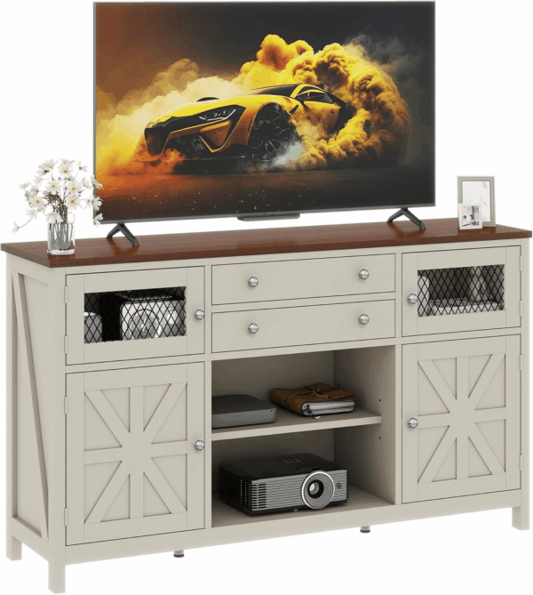 Farmhouse TV Stand for Tvs up to 65", Entertainment Center with 2 Large Drawers & Visual Grid Door, 59" Rustic TV Media Console for Living Room, Antique White